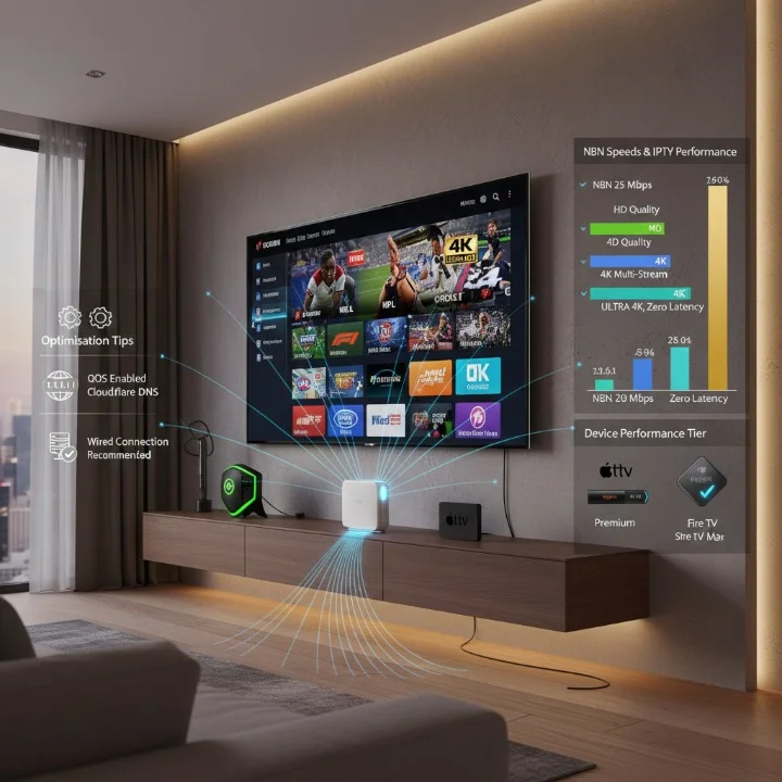 Optimised IPTV 2025 setup in Australia showing multiple streaming devices, NBN speed tiers, QoS, DNS configuration, and server selection for 4K IPTV performance.