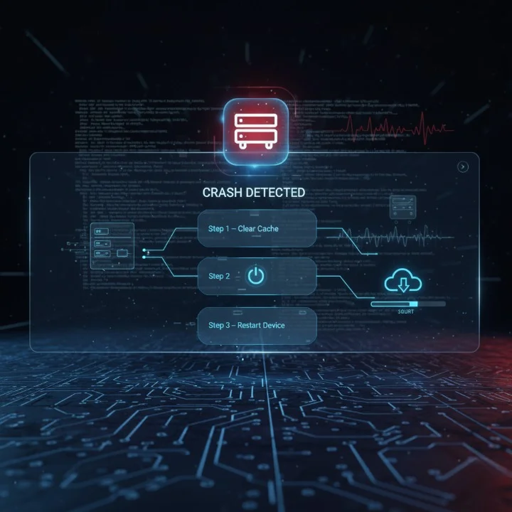 "Cinematic diagnostic interface showing app crash analysis and troubleshooting steps for IPTV Catch-Up TV applications."