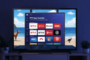 Comprehensive guide to IPTV Apps Australia showcasing top streaming apps on a Smart TV interface with Australian content.
