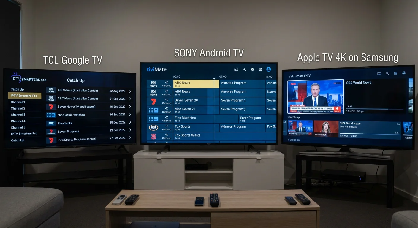 IPTV Apps in Australia 2026 showing electronic program guides (EPG) and catch-up TV features on Android TV and Apple TV