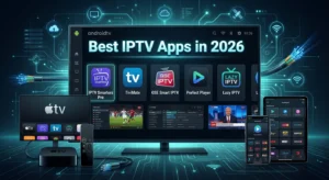 IPTV Apps in Australia displayed through technical interfaces of IPTV Smarters Pro, TiviMate, GSE Smart IPTV, Perfect Player, and Lazy IPTV on Android TV, Apple TV, and mobile devices