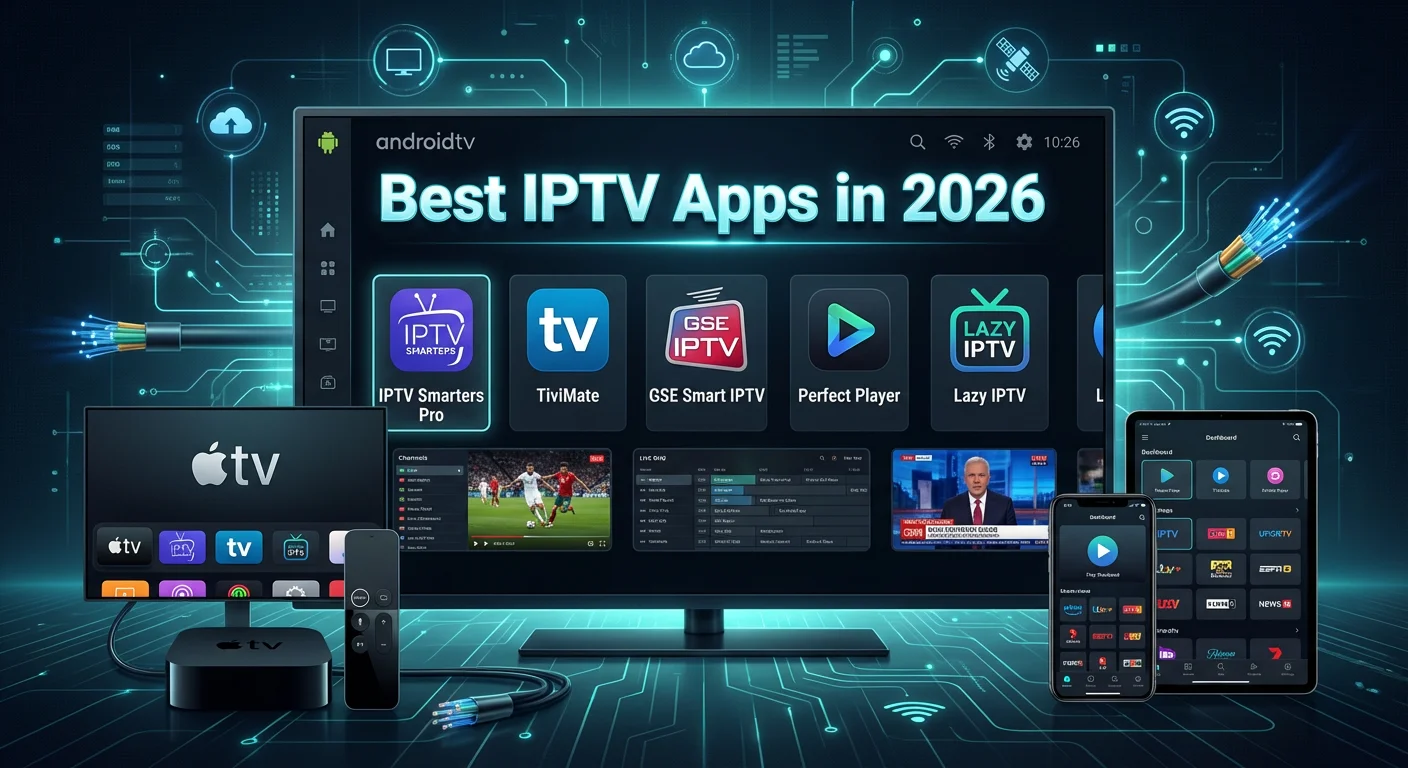 IPTV Apps in Australia displayed through technical interfaces of IPTV Smarters Pro, TiviMate, GSE Smart IPTV, Perfect Player, and Lazy IPTV on Android TV, Apple TV, and mobile devices