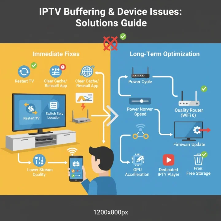 Infographic showing IPTV buffering solutions, NBN upgrades, device optimisation for Smart TVs and Android devices, and long-term network improvements in Australian homes.