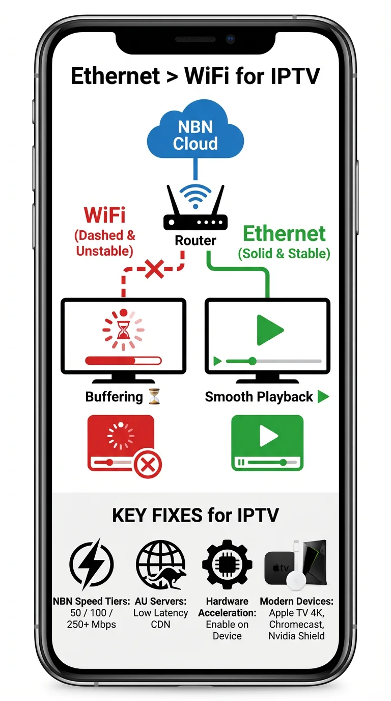 Diagram showing how to fix IPTV buffering on NBN with Ethernet, fast internet speeds, Australian CDN servers, and modern streaming devices.