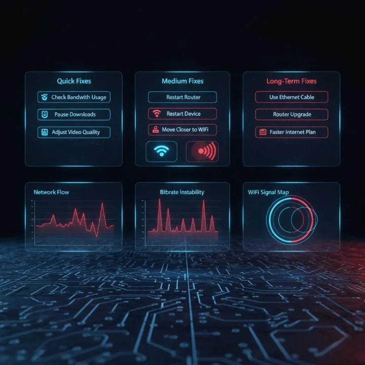"Cinematic technical visualization diagnosing IPTV buffering issues with quick, medium, and long-term solutions."