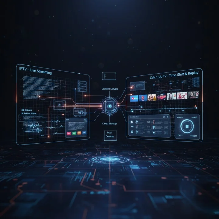 Cinematic technical diagram showing how IPTV and Catch-Up TV work together, featuring streaming data flows, live channel signals, and time-shift playback architecture.