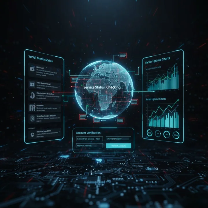 "Cinematic network service status interface showing IPTV server outages and account verification checks."