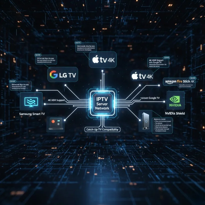 "Cinematic diagram showing device ecosystem for IPTV and Catch-Up TV across smart TVs and streaming devices."