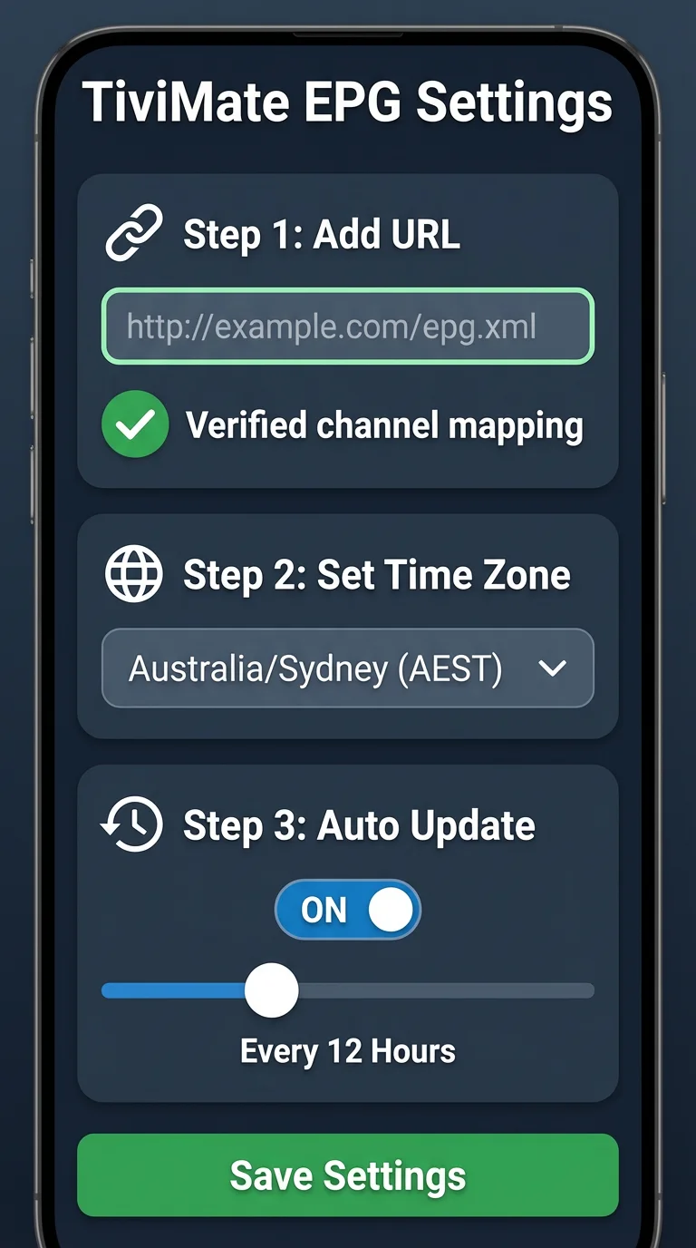 TiviMate EPG setup screen showing XMLTV URL entry, Australia/Sydney timezone, and automatic update settings.
