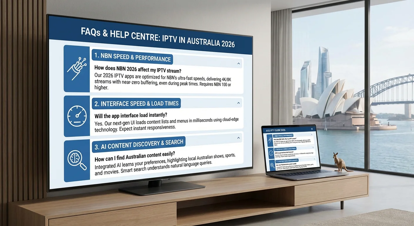 Frequently asked questions about IPTV app interfaces in Australia 2026 displayed on a modern smart TV and laptop with clean professional design.