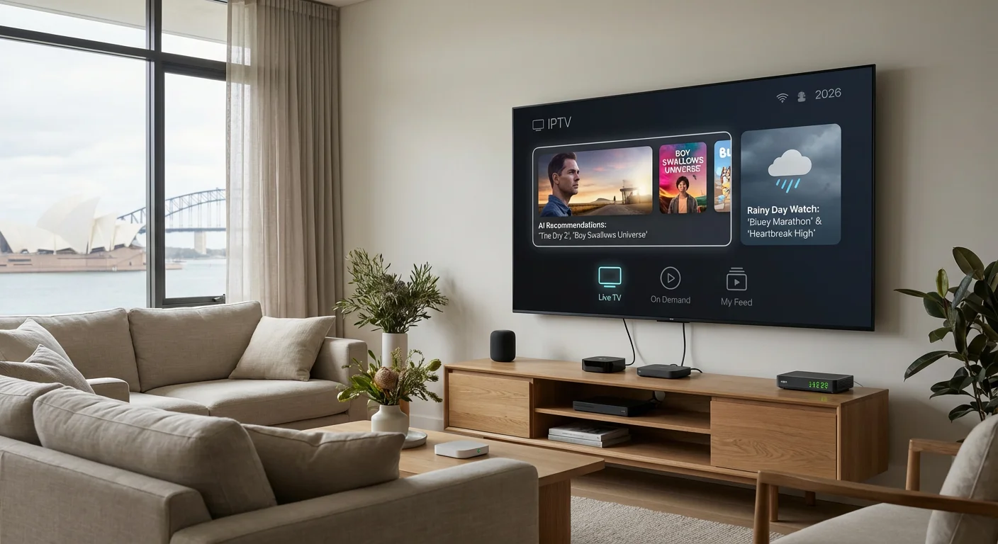 Australian living room 2026 with family using smart TV and streaming devices, showcasing modern IPTV interface optimized for NBN and 4K content.