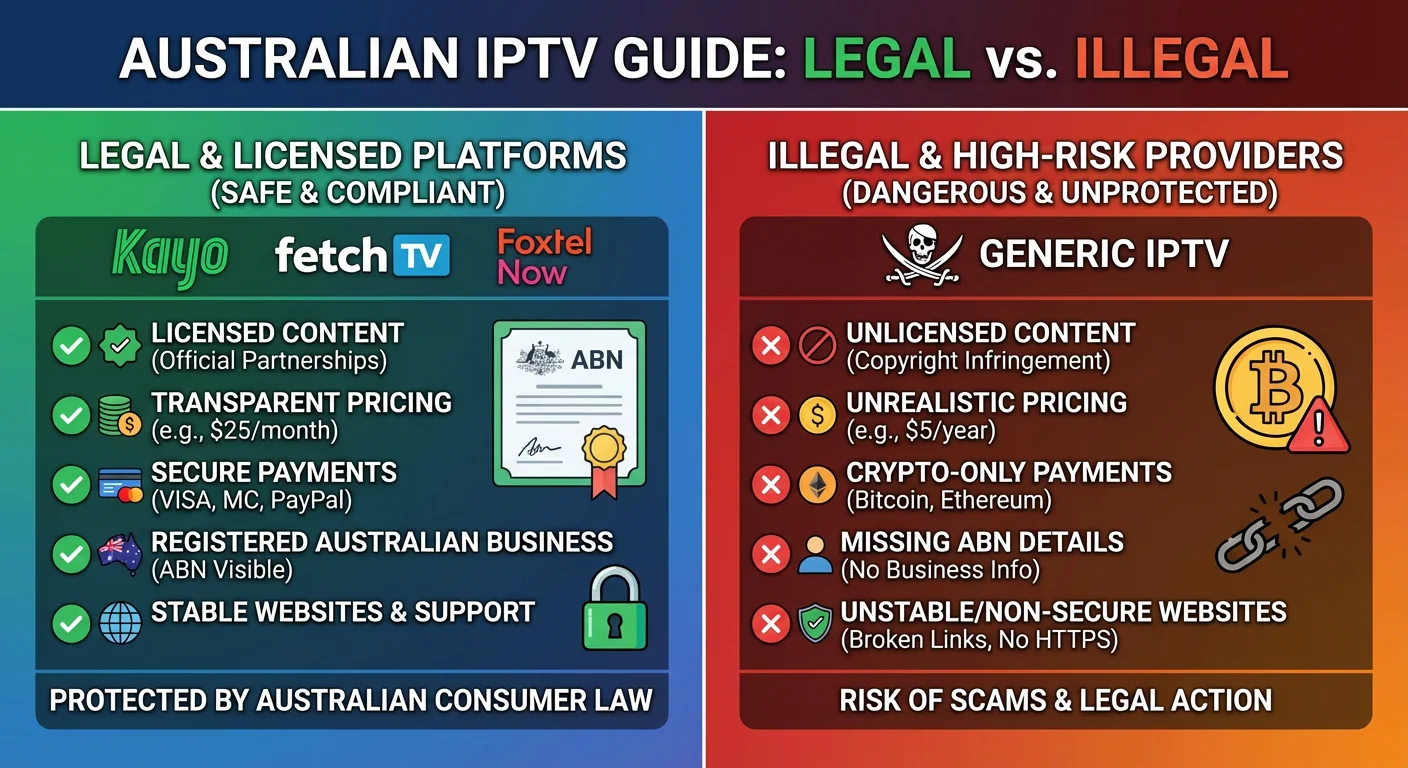 Comparison chart showing legal and illegal IPTV services in Australia, including licensed providers and common red flags like unrealistic pricing and missing business details.