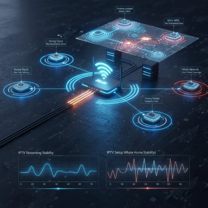 "Cinematic network optimization diagram showing Ethernet, 5GHz WiFi, mesh networks, and router placement for IPTV."