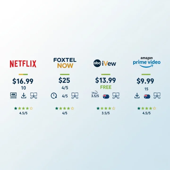 Visual comparison infographic showing pricing, features, and ratings for top IPTV Apps Australia including Netflix, Stan, Foxtel Now, and free streaming services