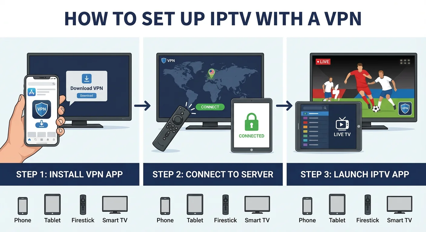 Step-by-step illustration showing how to set up IPTV with a VPN on devices like Smart TV, Firestick, or mobile, including installing VPN, connecting to a server, and launching the IPTV app.