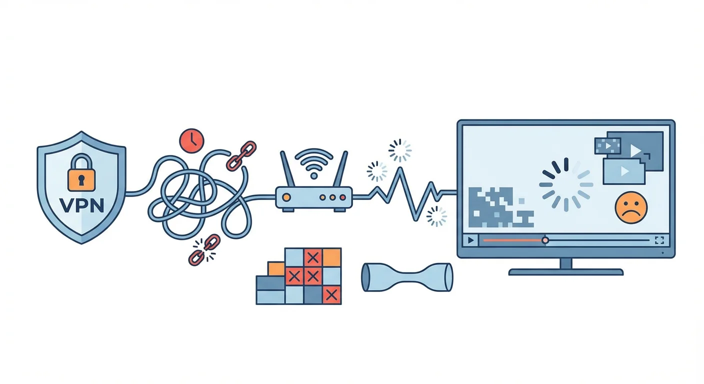 Minimalist illustration of IPTV streaming issues in Australia with VPN, showing buffering on a smart TV, router and VPN connection, highlighting latency and slow speeds