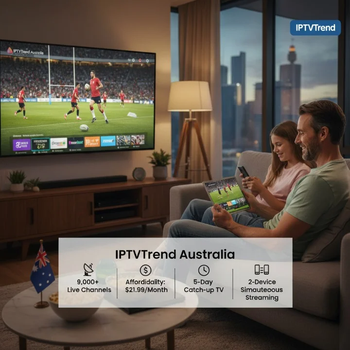 Family watching IPTVTrend Australia on multiple devices, showcasing 9,000+ channels, 5-day catch-up TV, and dual streaming in Australia.