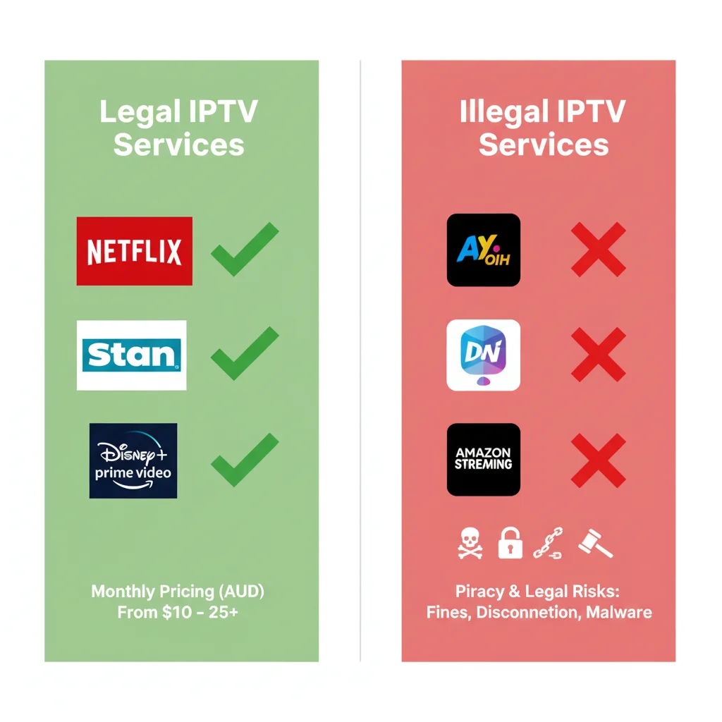Legal vs illegal IPTV services Australia comparison showing Netflix Stan Disney+ as legal options versus piracy-based IPTV with risk indicators