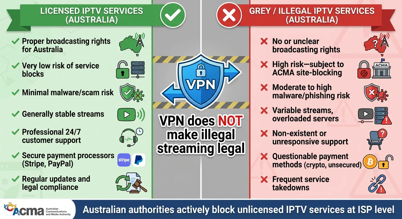 Comparison infographic: Licensed IPTV vs Illegal IPTV in Australia showing broadcasting rights, ACMA blocking risks, security, reliability and support differences
