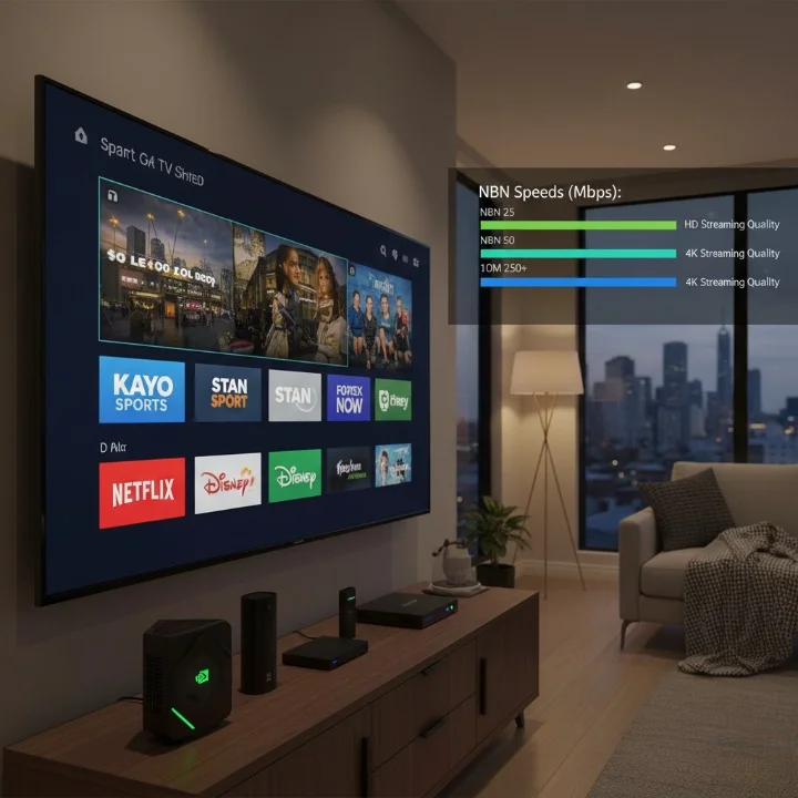 IPTV 2025 testing setup in Melbourne with Samsung 4K TV, NVIDIA Shield, Fire TV Stick, and Android TV box showing NBN speed performance.