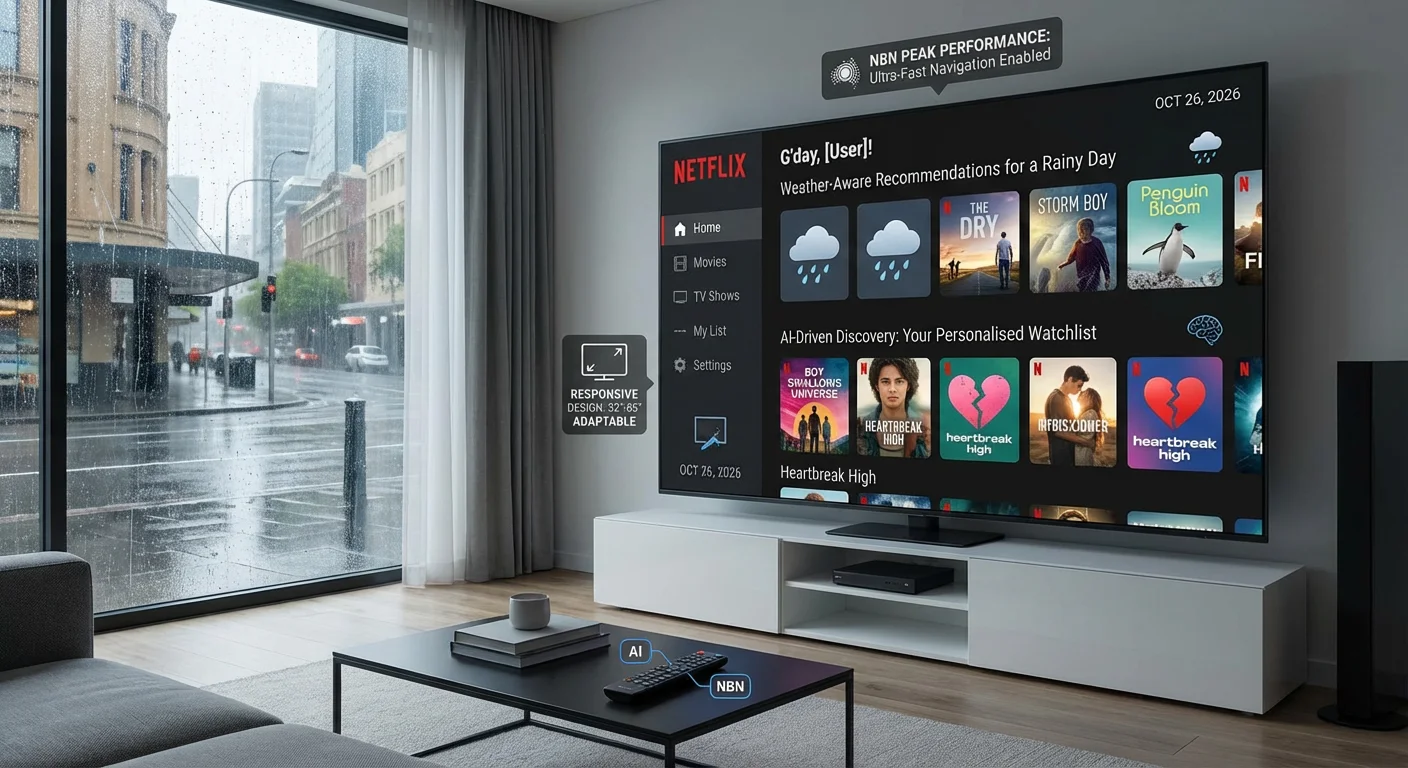 Netflix IPTV app interface on a 4K Android TV in Australia 2026 showing AI-powered content discovery, weather-aware recommendations, fast navigation, and NBN-optimized performance.