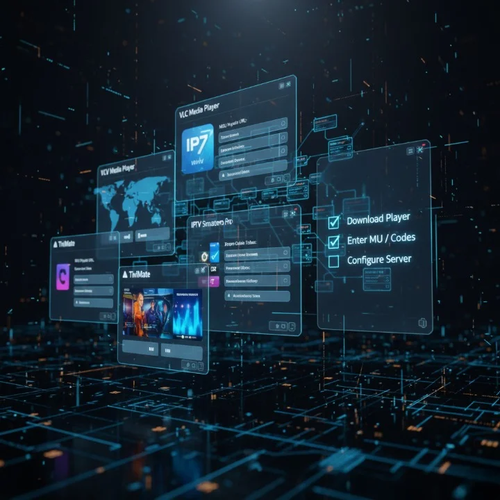 "Cinematic technical interface showing IPTV setup with M3U playlists, Xtream Codes, and player configuration."