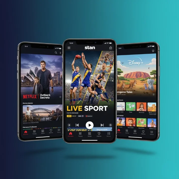 Collection of premium IPTV Apps Australia including Netflix, Stan, and Disney+ showing Australian original series and local content