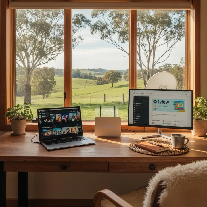 Regional Australian home office with laptop streaming IPTV Apps via satellite internet showing countryside through window