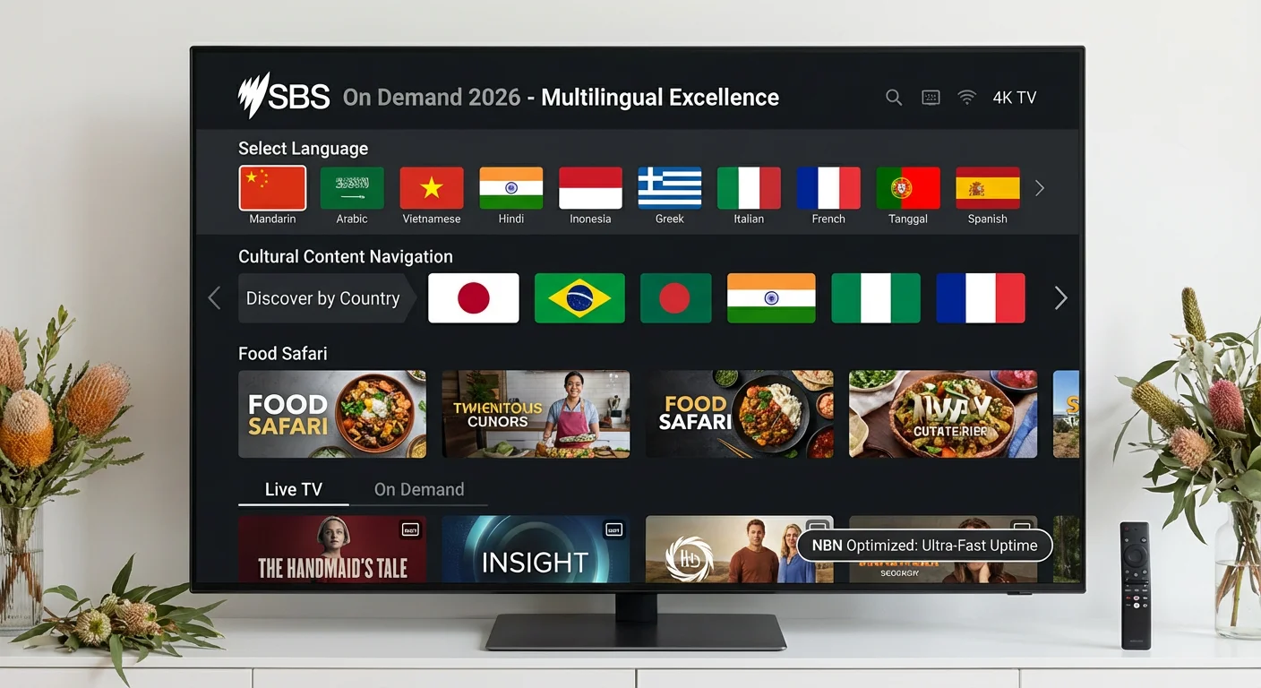 SBS On Demand IPTV interface Australia 2026 showing multilingual options, multicultural content navigation, live and on-demand streaming, and a clean, simple design.