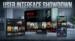 User interface showdown comparing best IPTV apps in Australia 2026 showing Netflix Stan ABC iView and Disney Plus streaming interfaces on multiple devices including Android TV smart TV and tablet screens