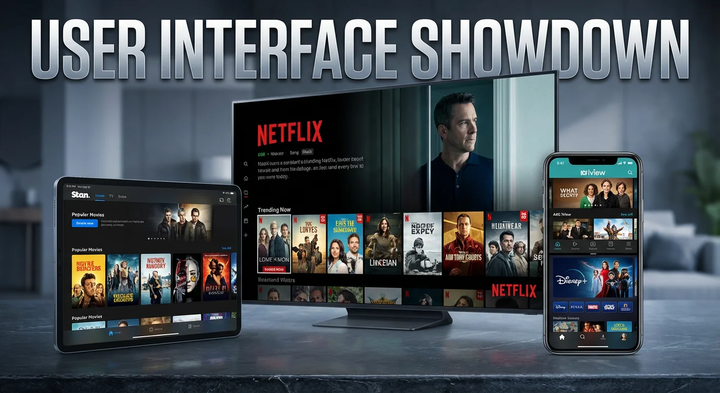 User interface showdown comparing best IPTV apps in Australia 2026 showing Netflix Stan ABC iView and Disney Plus streaming interfaces on multiple devices including Android TV smart TV and tablet screens
