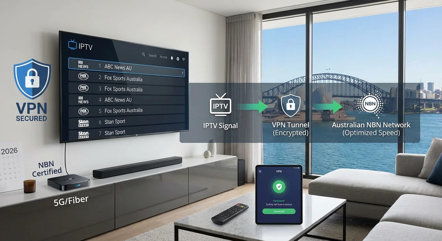 Using IPTV with VPN in Australia displayed on a smart TV with Android TV box, NBN internet connection, VPN security icons, and Sydney skyline in the background