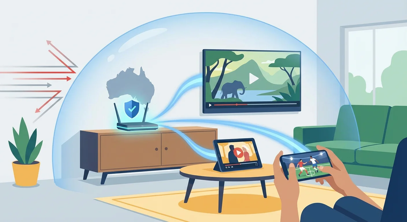 Family in Australia streaming IPTV on multiple devices using a VPN router, showing privacy, speed, and device connectivity