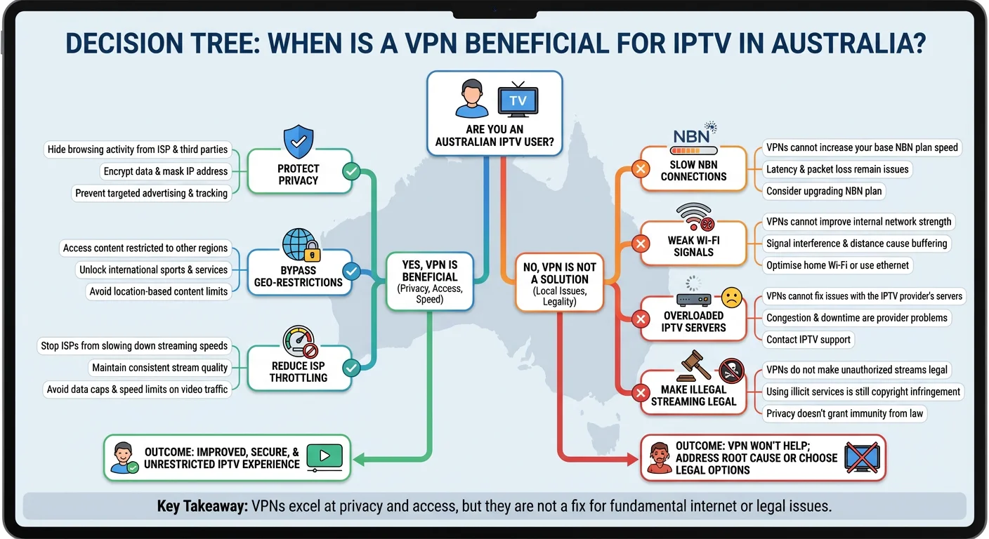 Decision tree illustration showing when a VPN helps IPTV users in Australia, including privacy protection, bypassing geo-blocks, ISP throttling, and situations where VPN does not help like weak NBN, Wi-Fi issues, or overloaded IPTV servers.