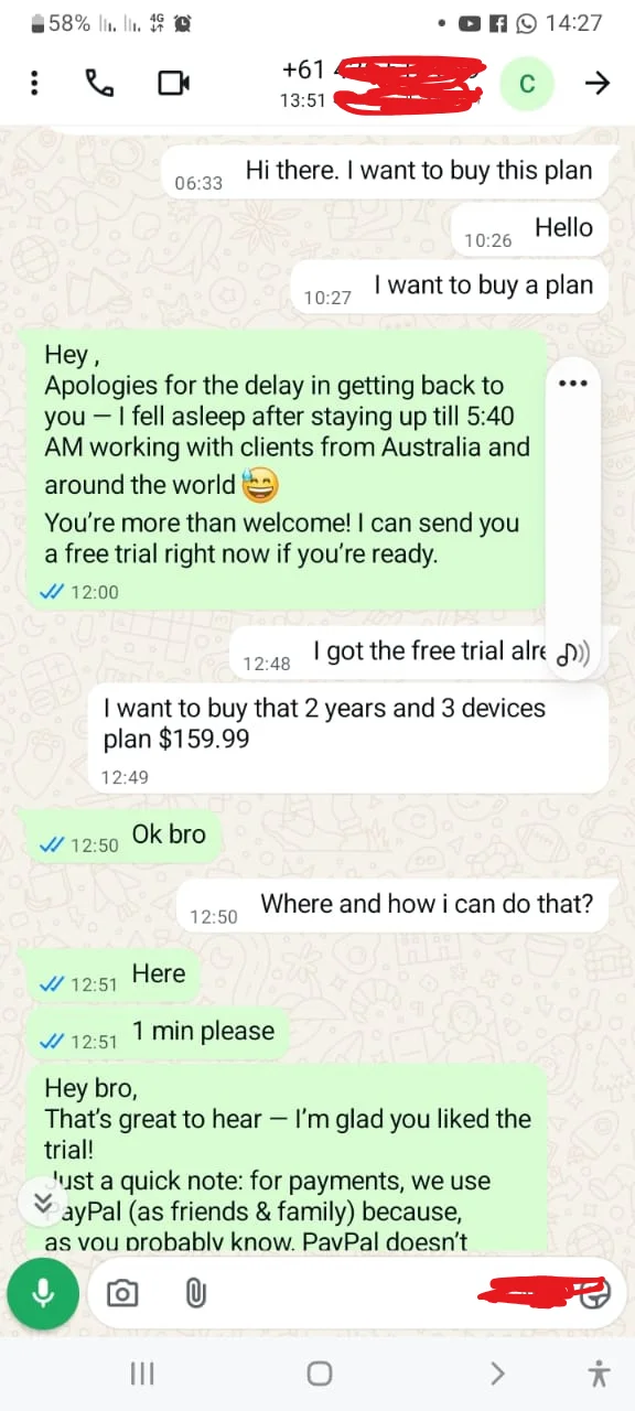 Screenshot of a successful customer conversation confirming purchase of the 2-year, 5-device IPTV plan for $159.99.