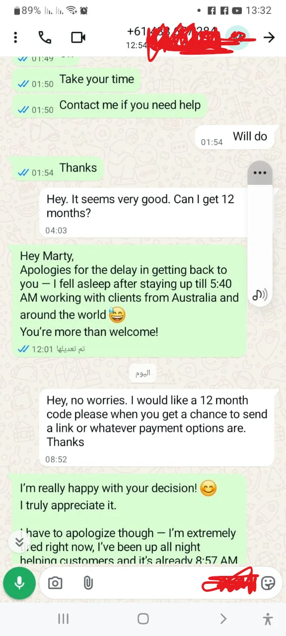 Customer message expressing satisfaction ("it seems very good") and committing to the 12-month IPTV plan