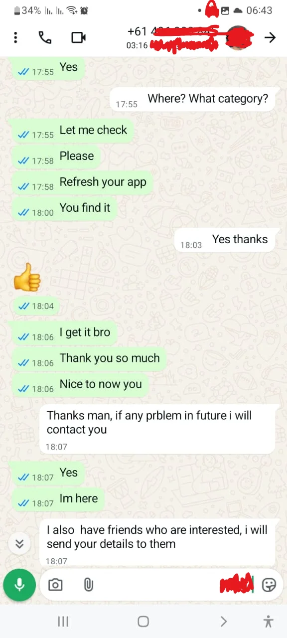 Customer chat confirming successful resolution of a channel issue and stating they will refer friends to the IPTV service