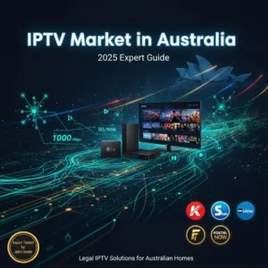 IPTV Market in Australia 2025: Digital streaming ecosystem showcasing legal providers Kayo Sports, Stan, Foxtel Now, and ABC iView with AI technology icons and NBN connectivity symbols