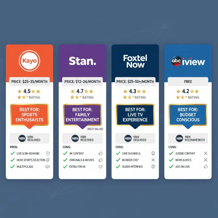 In-depth comparison of Australian IPTV providers: Kayo Sports, Stan, Foxtel Now,
ABC iView with performance ratings, pricing, features, and best use cases
```