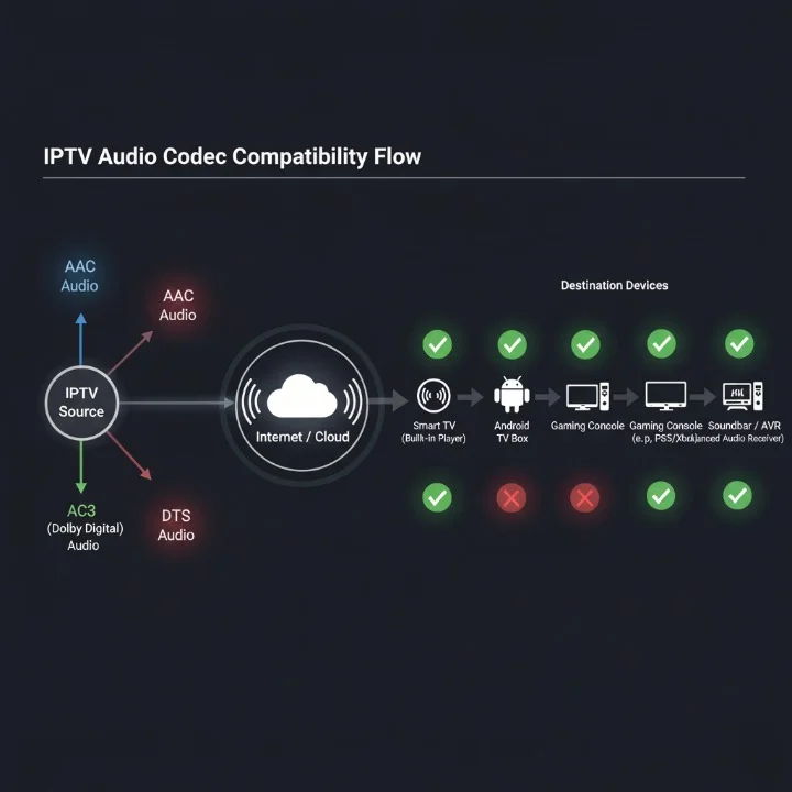 Diagram showing IPTV audio codec compatibility across different devices
