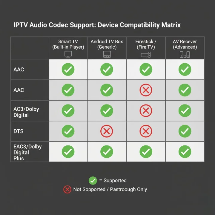 Comparison table of audio codec support across popular IPTV devices in Australia