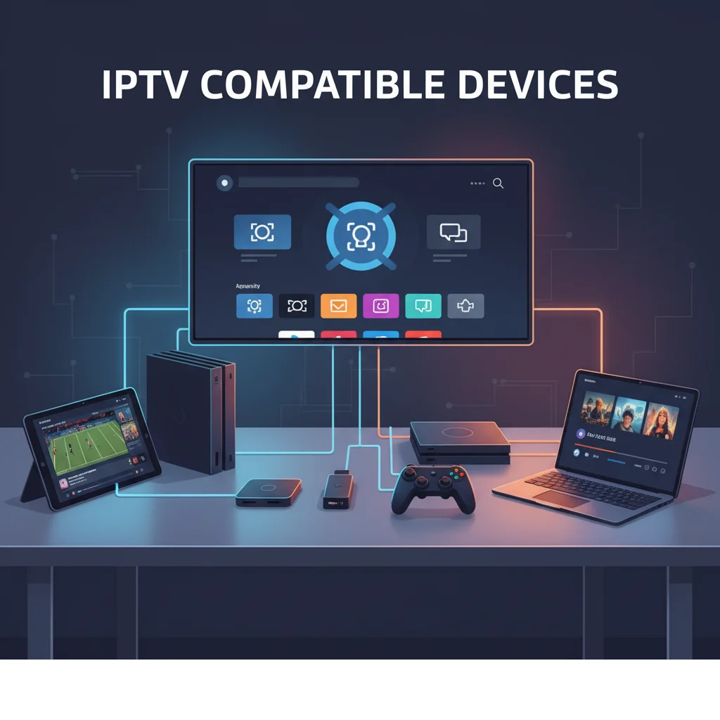 Various devices compatible with IPTV streaming including TV, Chromecast, consoles, and tablets