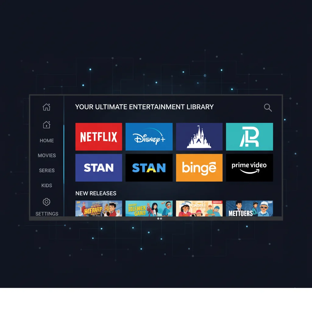 Smart TV interface showing major streaming apps for movies and series