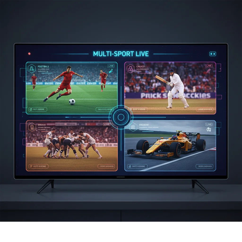Smart TV showing multiple live sports streams via IPTV services