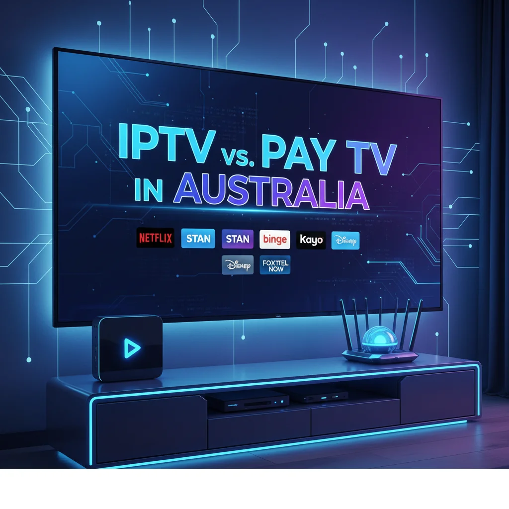 IPTV vs Pay TV in Australia highlighted on a tech home entertainment setup