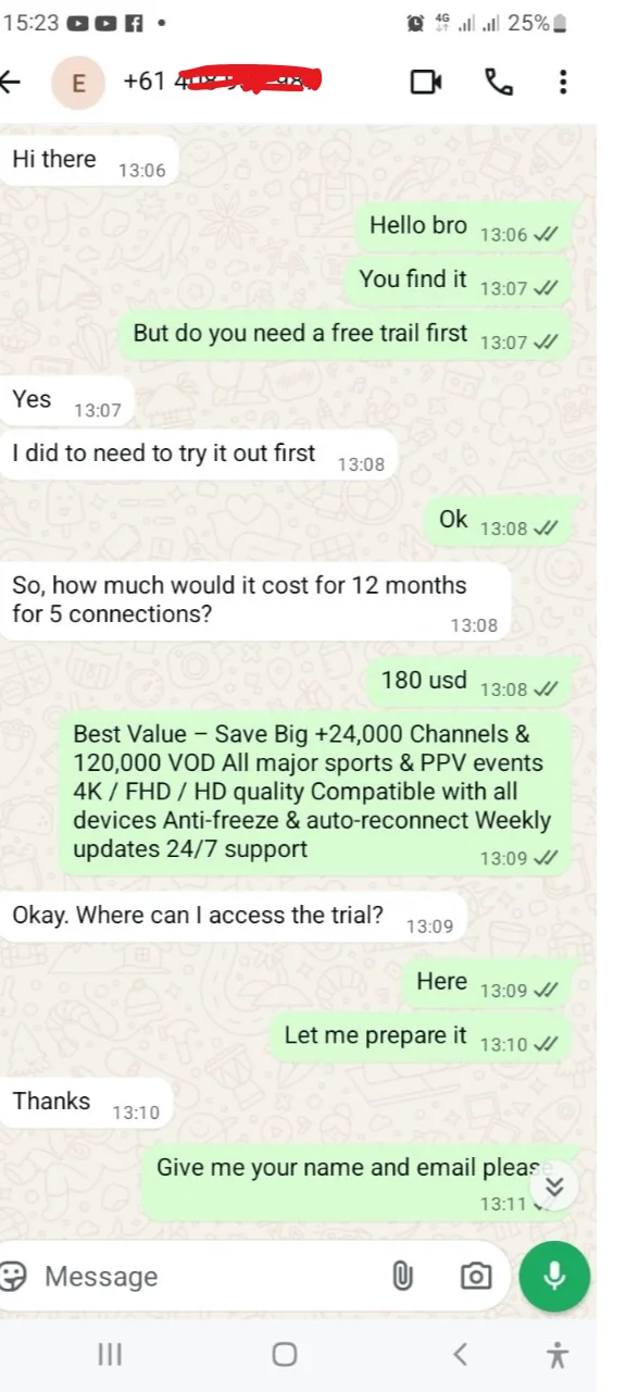 Screenshot of a WhatsApp conversation showing a customer's enthusiastic interest in trying iptvaussie.com's IPTV service, including a free trial request and positive engagement.