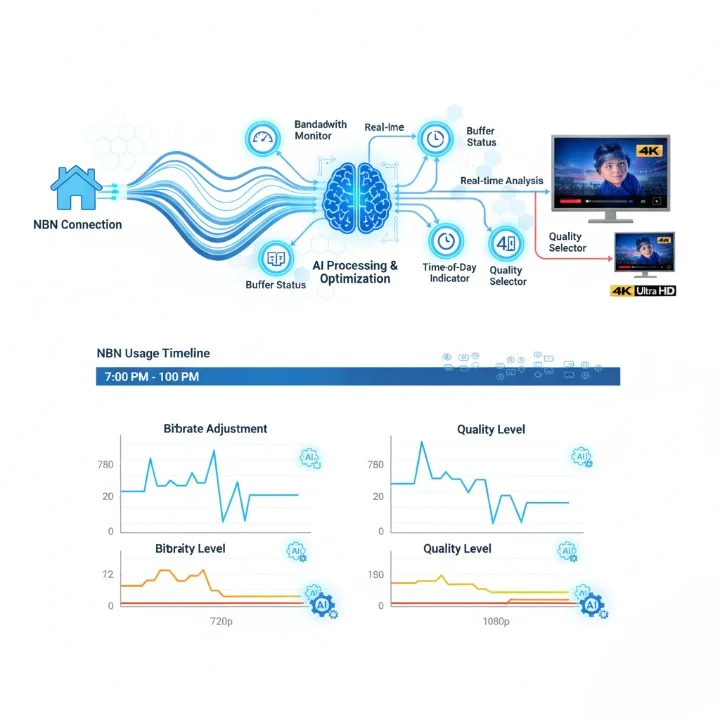 AI adaptive bitrate streaming technology diagram showing real-time quality adjustment for Australian NBN connections