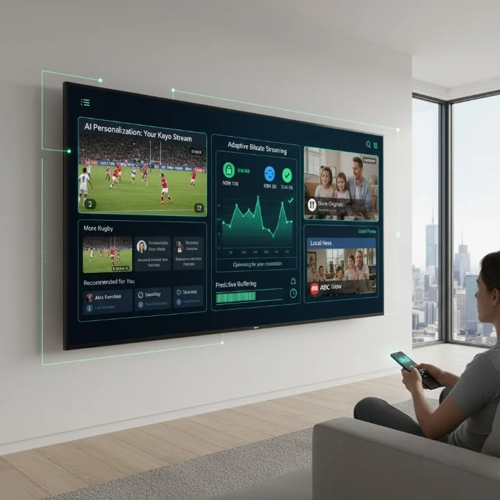 AI innovation in the Australian IPTV market showing smart TV streaming with adaptive bitrate and personalized recommendations through NBN optimization.