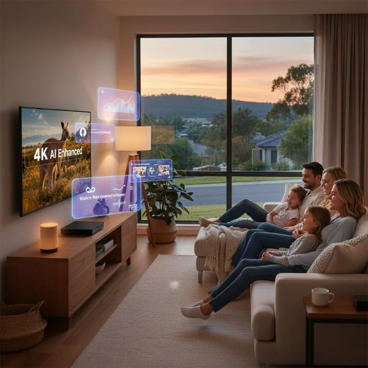 Future-ready AI-powered IPTV streaming setup for Australian homes with smart devices and 4K displays