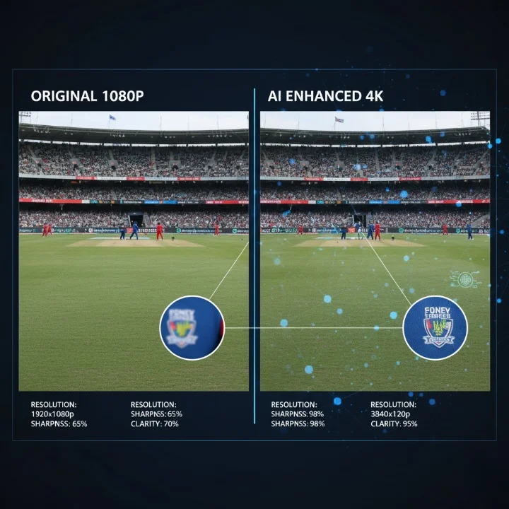 AI upscaling technology comparison showing 1080p source vs AI-enhanced 4K output quality